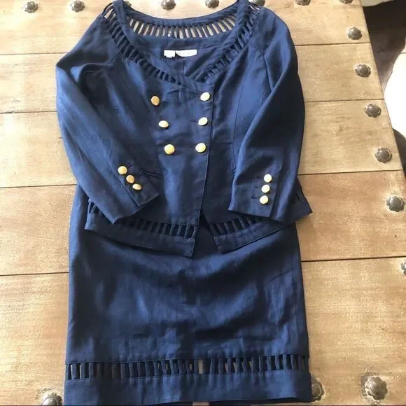 Pia Rucci navy blue 100% linen skirt set . Size 6 - Picture 1 of 6